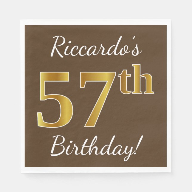 Serviette En Papier Brown, Faux Gold 57e anniversaire + Nom personnali (Devant)