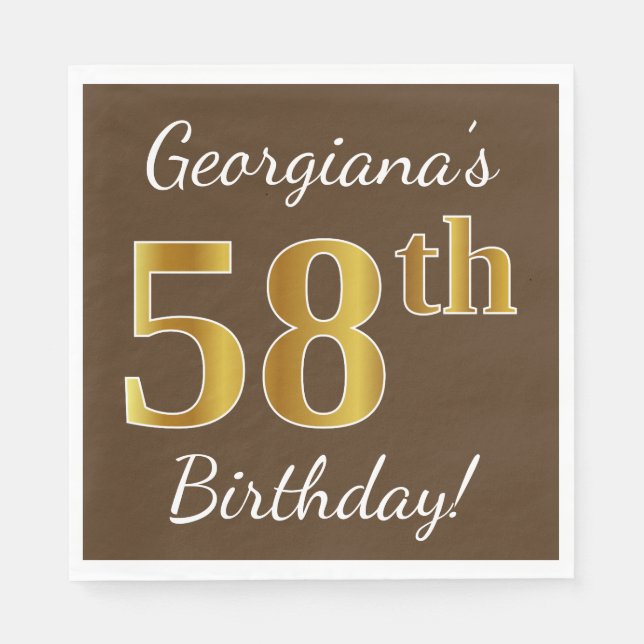 Serviette En Papier Brown, Faux Gold 58e anniversaire + Nom personnali (Devant)