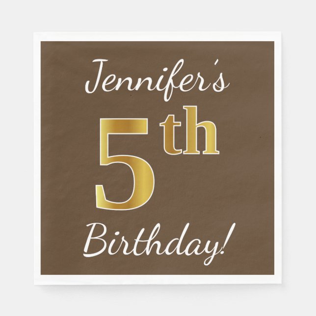 Serviette En Papier Brown, Faux Gold 5e anniversaire + Nom personnalis (Devant)