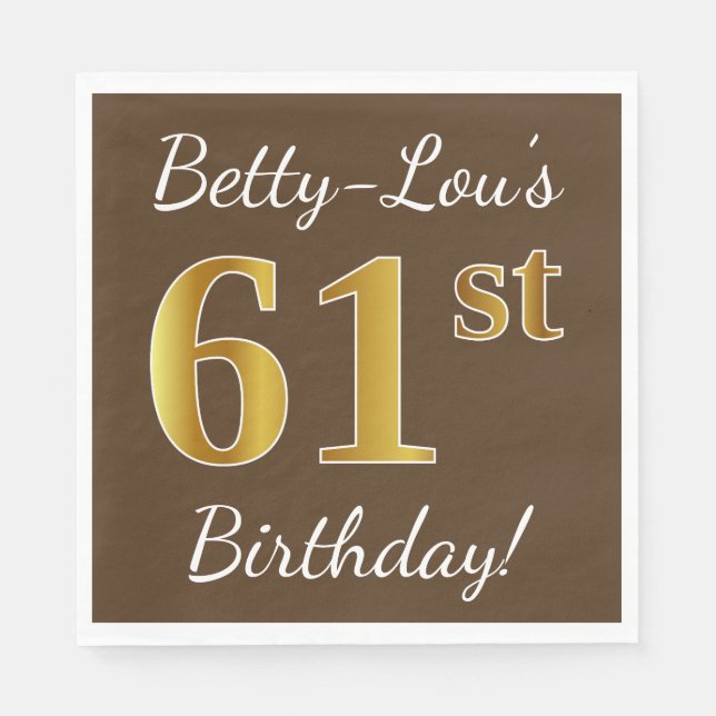 Serviette En Papier Brown, Faux Gold 61e anniversaire + Nom personnali (Devant)