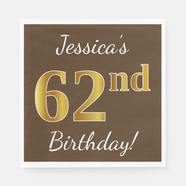 Serviette En Papier Brown, Faux Gold 62e anniversaire + Nom personnali (Devant)