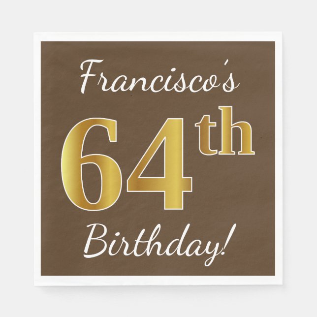 Serviette En Papier Brown, Faux Gold 64e anniversaire + Nom personnali (Devant)