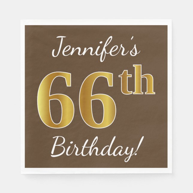 Serviette En Papier Brown, Faux Gold 66e anniversaire + Nom personnali (Devant)