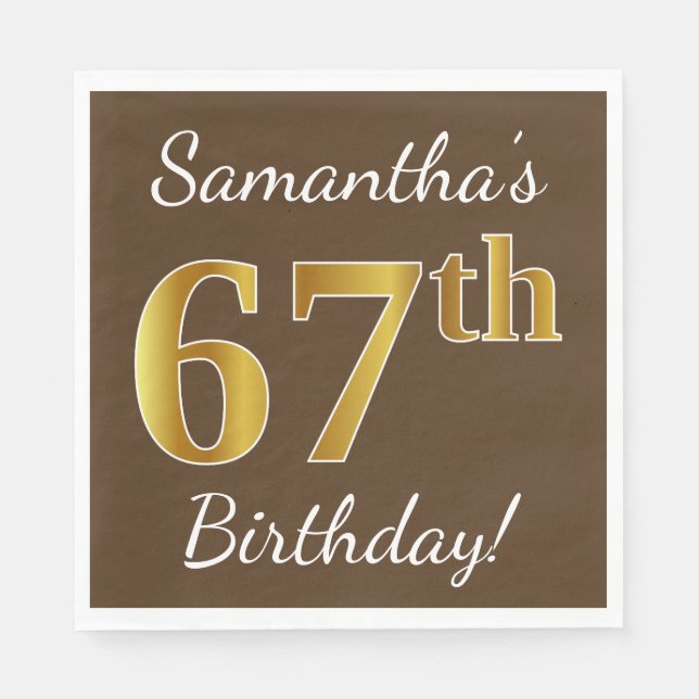 Serviette En Papier Brown, Faux Gold 67e anniversaire + Nom personnali (Devant)