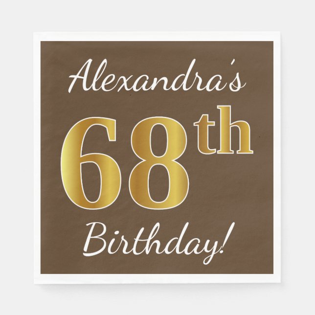Serviette En Papier Brown, Faux Gold 68e anniversaire + Nom personnali (Devant)