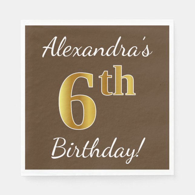 Serviette En Papier Brown, Faux Gold 6e anniversaire + Nom personnalis (Devant)