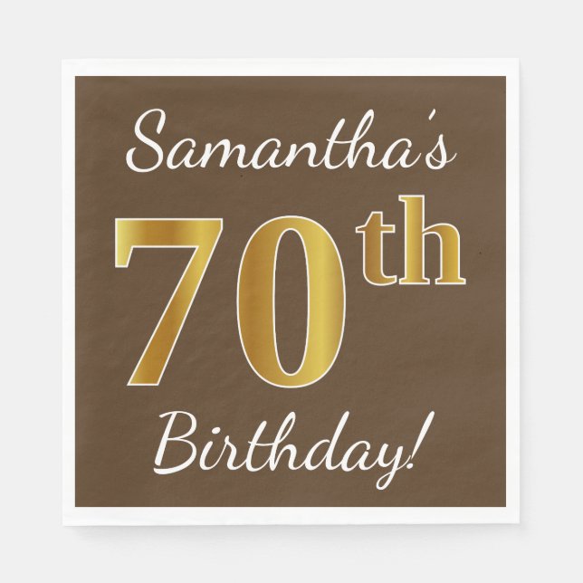 Serviette En Papier Brown, Faux Gold 70e anniversaire + Nom personnali (Devant)