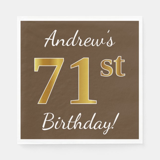 Serviette En Papier Brown, Faux Gold 71e anniversaire + Nom personnali (Devant)