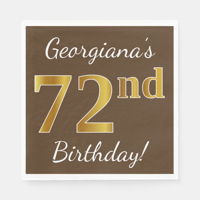 Serviette En Papier Brown, Faux Gold 72e anniversaire + Nom personnali (Devant)