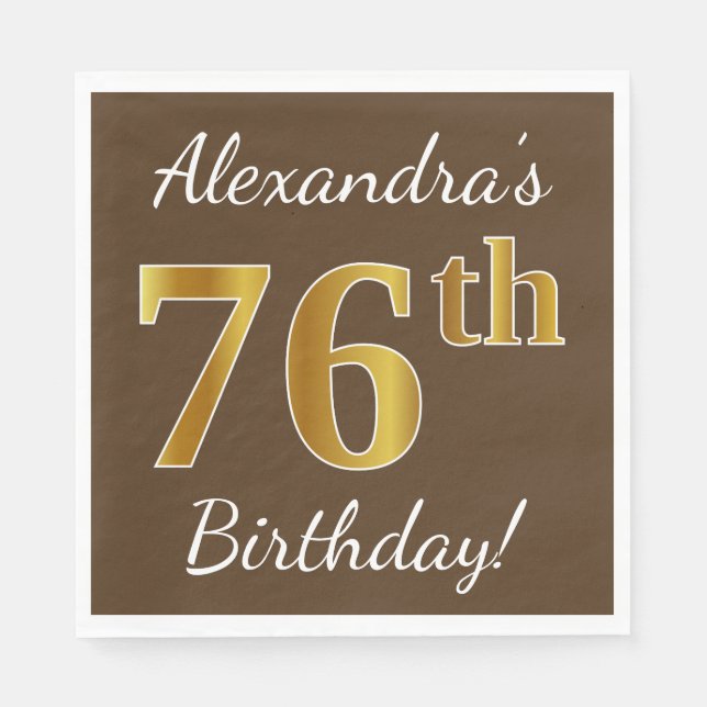Serviette En Papier Brown, Faux Gold 76e anniversaire + Nom personnali (Devant)
