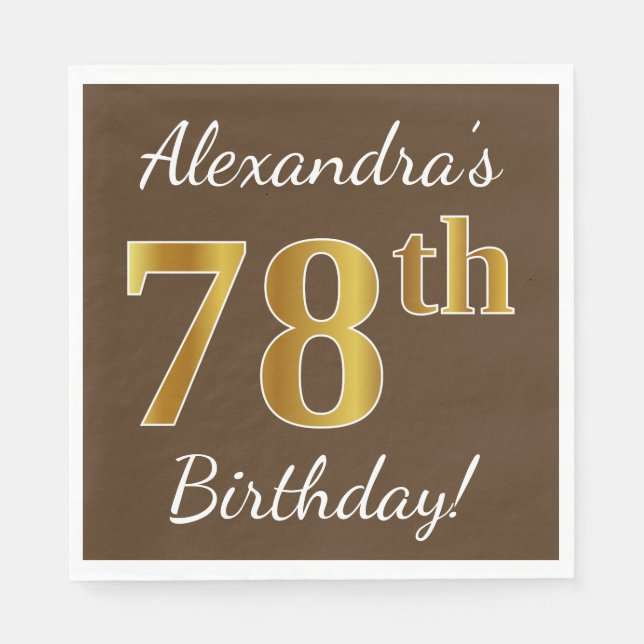 Serviette En Papier Brown, Faux Gold 78e anniversaire + Nom personnali (Devant)