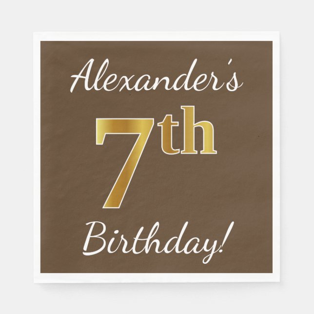 Serviette En Papier Brown, Faux Gold 7e anniversaire + Nom personnalis (Devant)