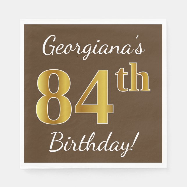 Serviette En Papier Brown, Faux Gold 84e anniversaire + Nom personnali (Devant)