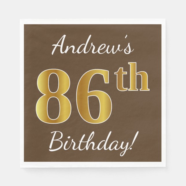Serviette En Papier Brown, Faux Gold 86e anniversaire + Nom personnali (Devant)