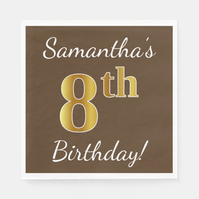 Serviette En Papier Brown, Faux Gold 8ème anniversaire + Nom personnal (Devant)