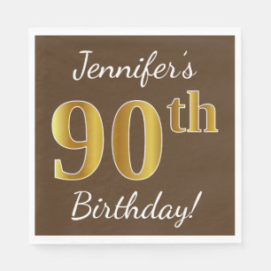 Serviette En Papier Brown, Faux Gold 90e anniversaire + Nom personnali