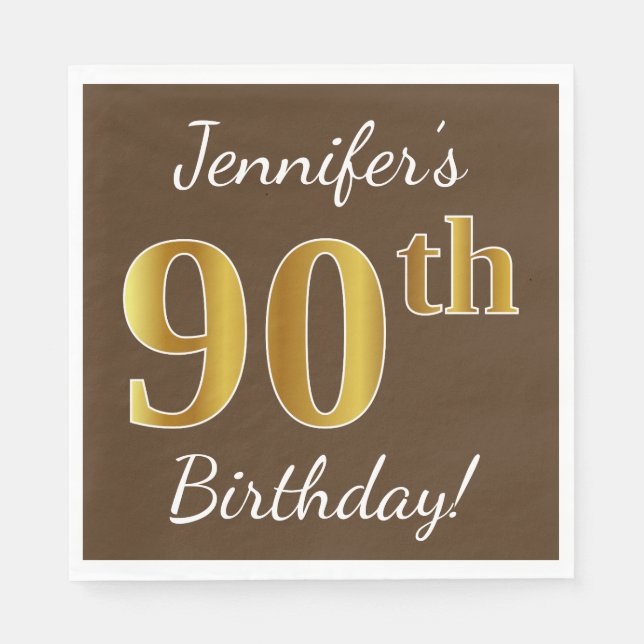Serviette En Papier Brown, Faux Gold 90e anniversaire + Nom personnali (Devant)