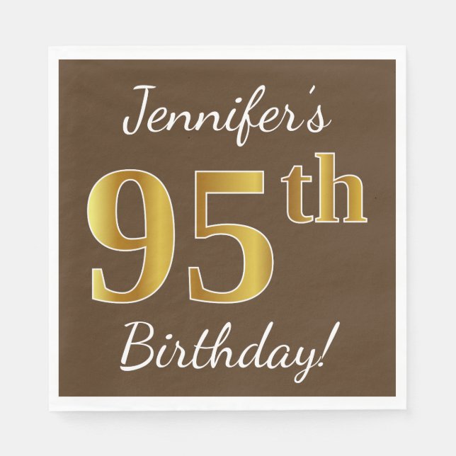 Serviette En Papier Brown, Faux Gold 95e anniversaire + Nom personnali (Devant)