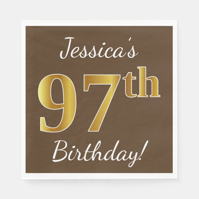 Serviette En Papier Brown, Faux Gold 97e anniversaire + Nom personnali (Devant)