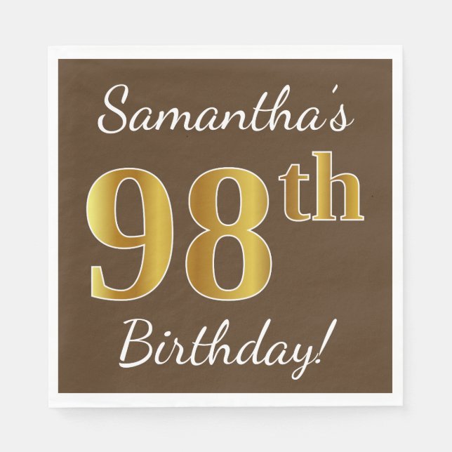 Serviette En Papier Brown, Faux Gold 98e anniversaire + Nom personnali (Devant)