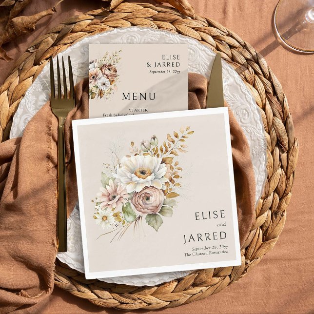 Serviette En Papier Brown floral rustique Neutral Mariage personnalisé (Wedding napkins from Rustic Floral Brown Neutral Wedding Collection by Darling & May)