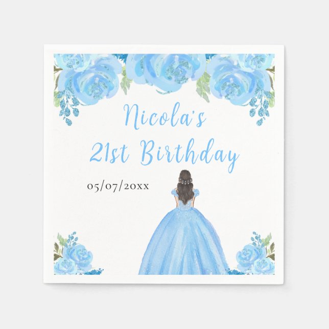 Serviette En Papier Brown Hair Princess Blue Floral Birthday Party (Devant)
