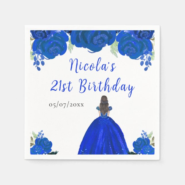 Serviette En Papier Brown Hair Princess Blue Floral Birthday Party (Devant)