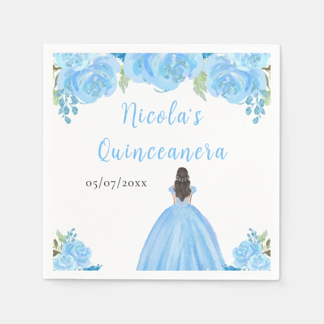 Serviette En Papier Brown Hair Princess Blue Floral Quinceanera (Devant)