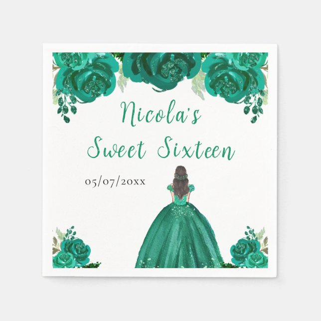Serviette En Papier Brown Hair Princess Green Floral Sweet Sixteen  (Devant)