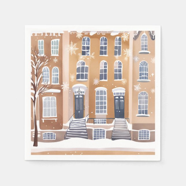 Serviette En Papier Brownstone Homes | Snowy City Street Watercolor (Devant)