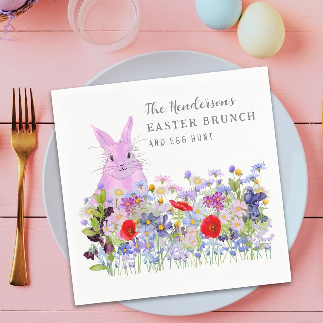 Serviette En Papier Brunch de Pâques et chasse aux oeufs Bunny Floral (Personalized Easter brunch egg hunt cute pink bunny wildflower floral spring party napkin)