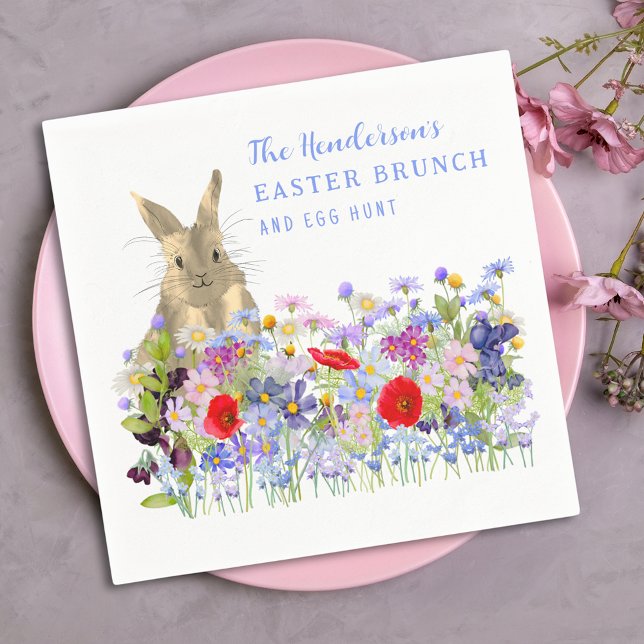 Serviette En Papier Brunch de Pâques et chasse aux oeufs Floral Custom (Easter brunch and egg hunt floral custom napkins watercolor wildflowers and cute bunny)