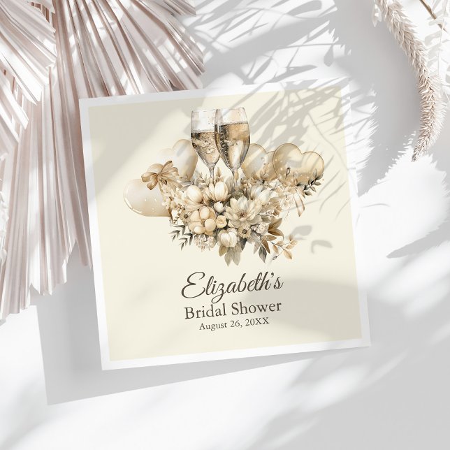 Serviette En Papier Brunch et Champagne Pétillant Fleurs Réception de  (Brunch and Bubbly Champagne Flowers Bridal Shower Napkins on a sunny white table.)