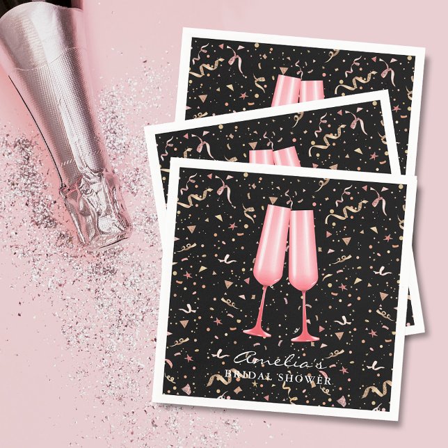 Serviette En Papier Brunch et Fête des mariées Bubbly Noir (Brunch and bubbly pink champagne bridal shower black napkins)