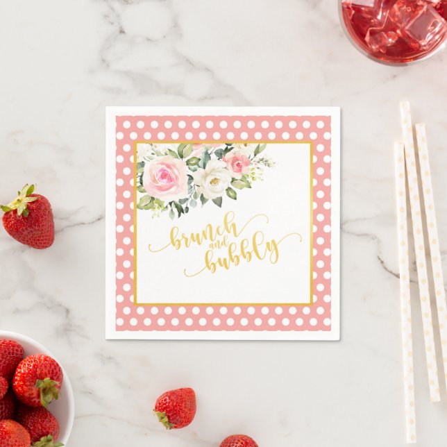 Serviette En Papier Brunch et serviette Bubbly - Gold Txt Pink Dots (En situation)