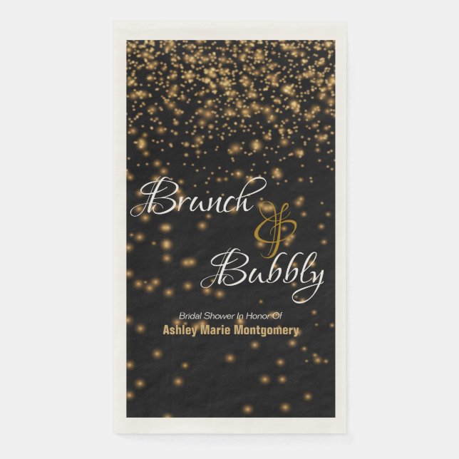 Serviette En Papier Brunch personnalisé Bubbly Gold Confetti sur noir (Devant)