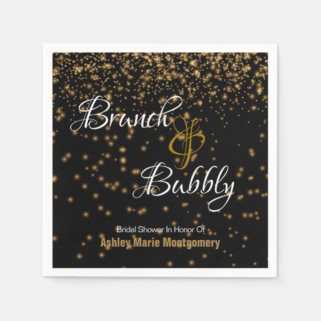 Serviette En Papier Brunch personnalisé Bubbly Gold Confetti sur Noir (Devant)