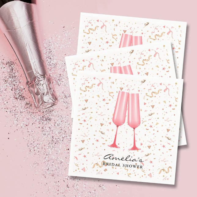 Serviette En Papier Brunch Rose et Mariage à bulles (Pink champagne glasses brunch and bubbly bridal shower napkins)