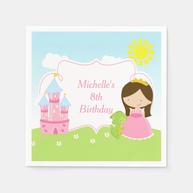 Serviette En Papier Brunette Cute Princesse et Dragon Anniversaire (Devant)
