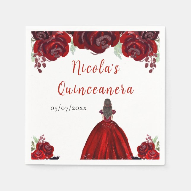 Serviette En Papier Brunette Hair Princess Red Floral Quinceanera (Devant)
