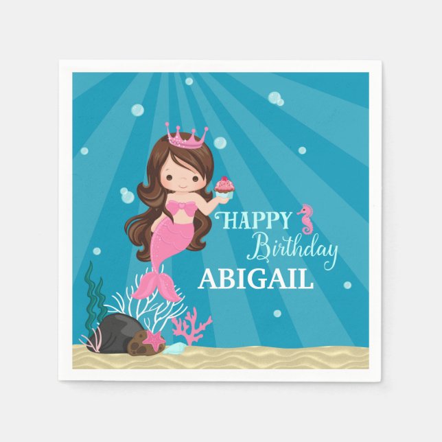 Serviette En Papier Brunette Mermaid Anniversaire (Devant)