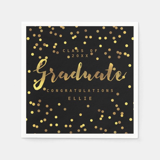 Serviette En Papier Brush Script Personnalisé Gold Foil Confetti Noir (Devant)