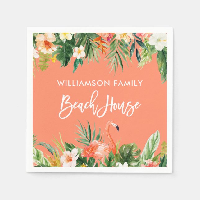 Serviette En Papier Brush Script Tropical Coral Floral Beach House (Devant)