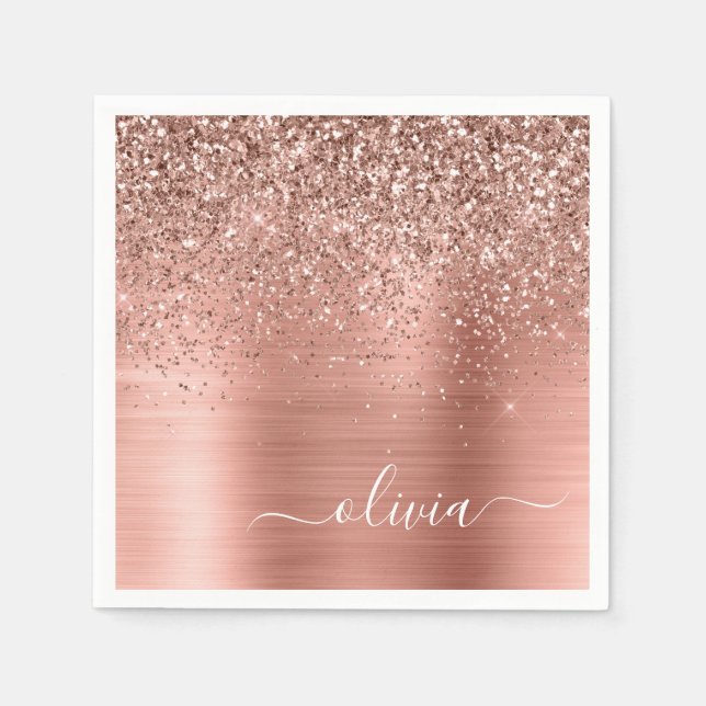 Serviette En Papier Brushed metal rose Gold Pink Glitter Monogram (Devant)