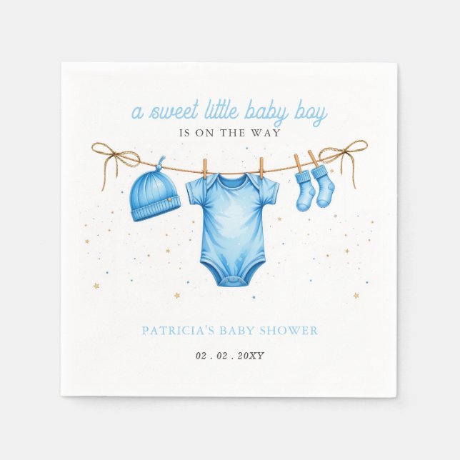 Serviette En Papier Budget Clothesline Blue Boy Baby Shower invitation (Devant)