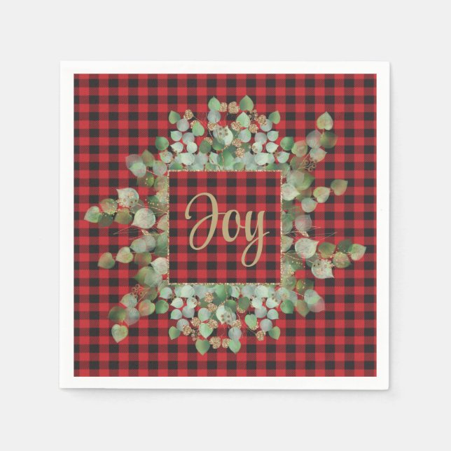 Serviette En Papier Buffalo Plaid Eucalyptus Christmas Joy Cocktail (Devant)