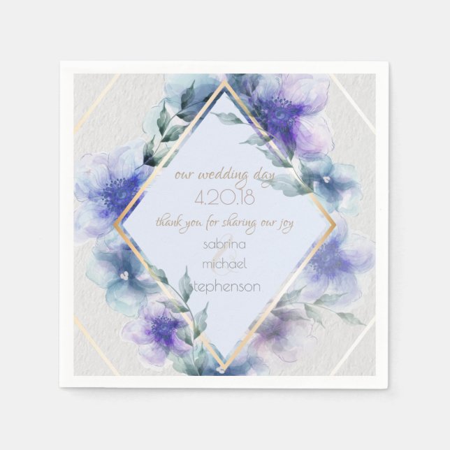 Serviette En Papier Buffet mariage | Aquarelle Violet Bleu Fleurs (Devant)