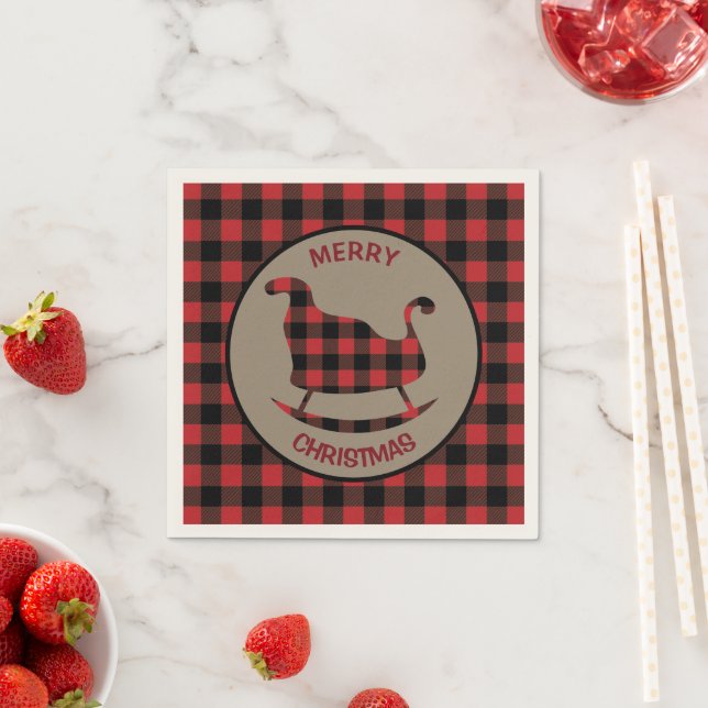 Serviette En Papier Buffle noir rouge Plaid Christmas Sleigh (En situation)