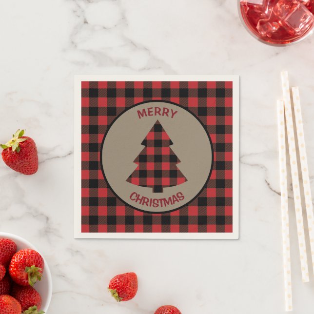 Serviette En Papier Buffle noir rouge Plaid Christmas Tree (En situation)