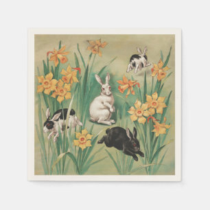 Serviette En Papier Bunnies mignons aux fleurs de jonquille Antique Pâ
